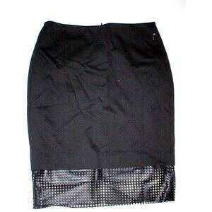 New NWT Womens 6 Donna Degnan Faux Perforated Leather Trim Skirt Black USA Slit